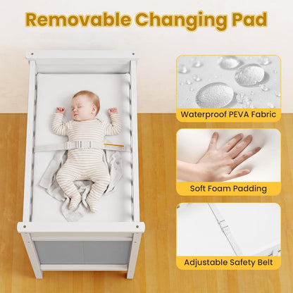 Wooden Baby Changing Table, Diaper Changing Station with 3 Storage Drawers, Laundry Hamper, Waterproof Changing Pad & Safety Belt, Modern Nursery Furniture for Daycare Bedroom (Beige)