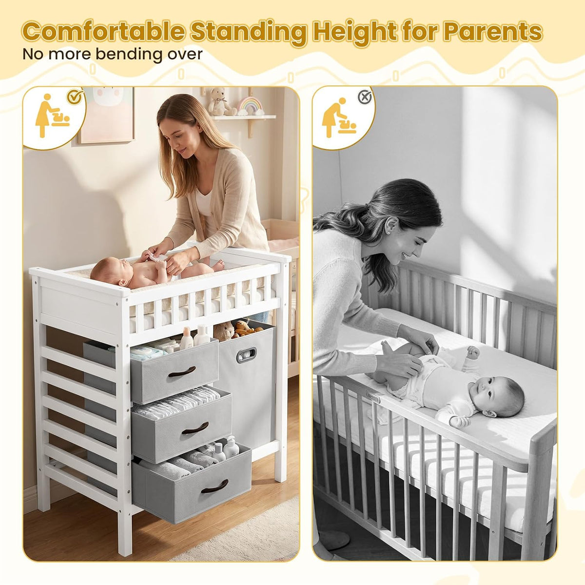 Wooden Baby Changing Table, Diaper Changing Station with 3 Storage Drawers, Laundry Hamper, Waterproof Changing Pad & Safety Belt, Modern Nursery Furniture for Daycare Bedroom (Beige)