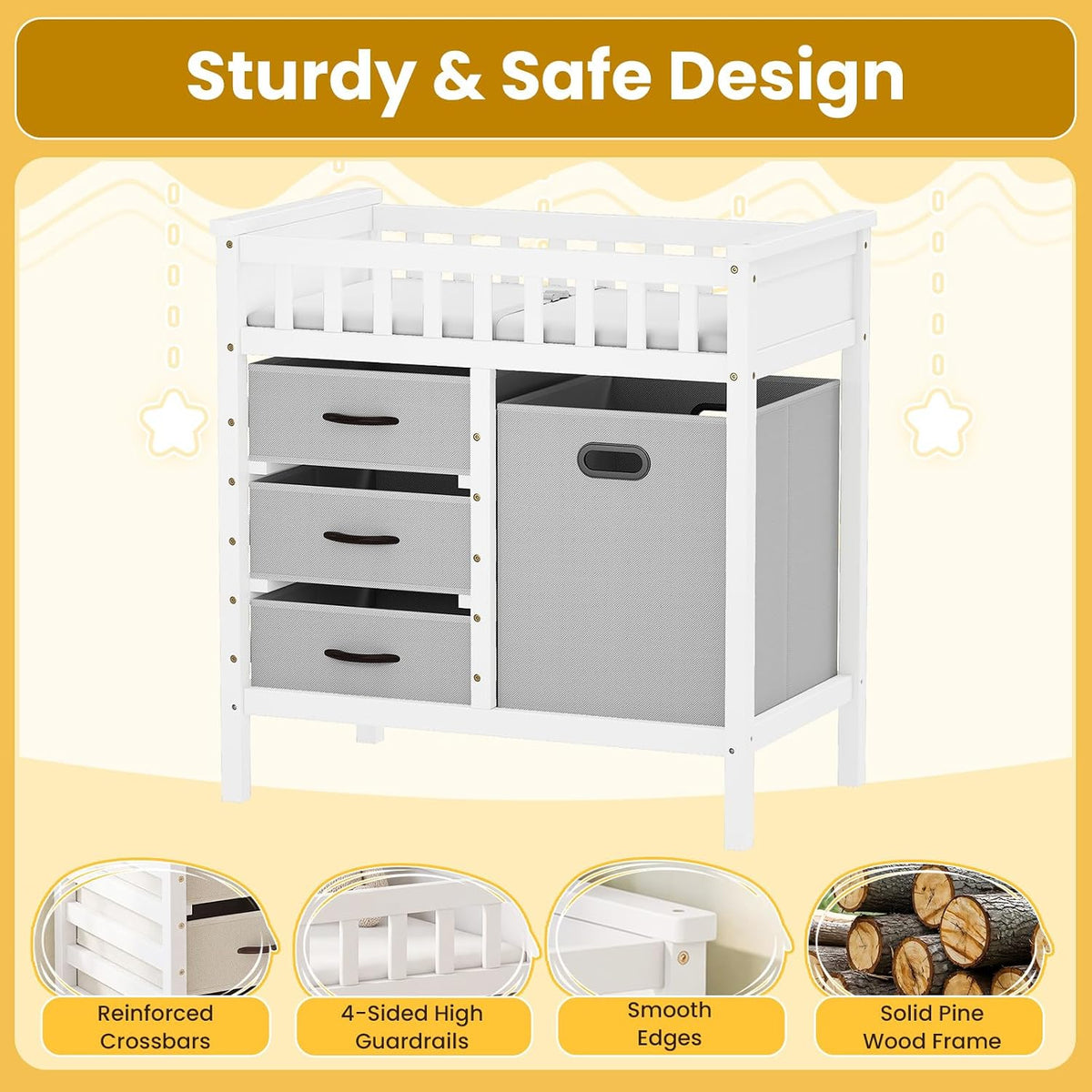 Wooden Baby Changing Table, Diaper Changing Station with 3 Storage Drawers, Laundry Hamper, Waterproof Changing Pad & Safety Belt, Modern Nursery Furniture for Daycare Bedroom (Beige)