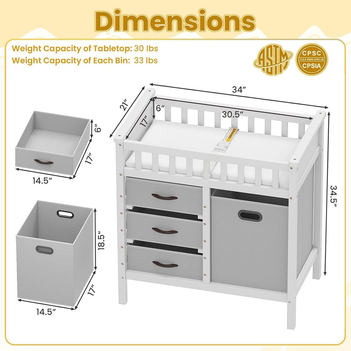 Wooden Baby Changing Table, Diaper Changing Station with 3 Storage Drawers, Laundry Hamper, Waterproof Changing Pad & Safety Belt, Modern Nursery Furniture for Daycare Bedroom (Beige)