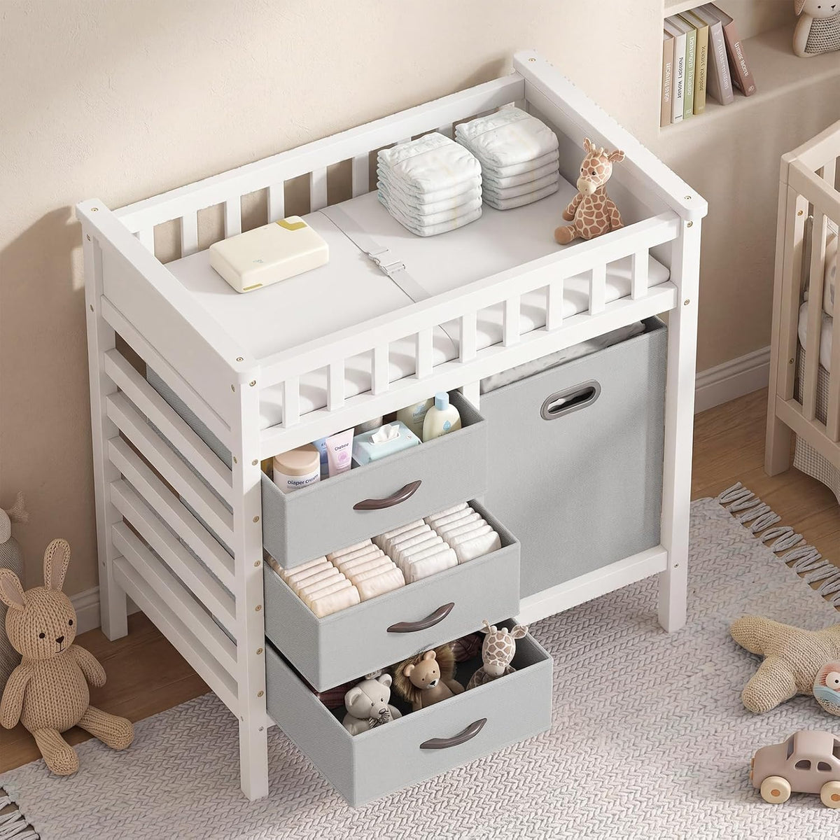 Wooden Baby Changing Table, Diaper Changing Station with 3 Storage Drawers, Laundry Hamper, Waterproof Changing Pad & Safety Belt, Modern Nursery Furniture for Daycare Bedroom (Beige)