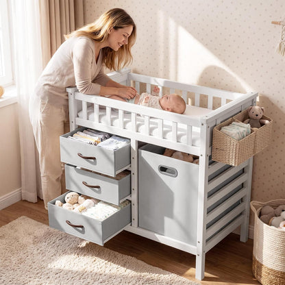 Wooden Baby Changing Table, Diaper Changing Station with 3 Storage Drawers, Laundry Hamper, Waterproof Changing Pad & Safety Belt, Modern Nursery Furniture for Daycare Bedroom (Beige)