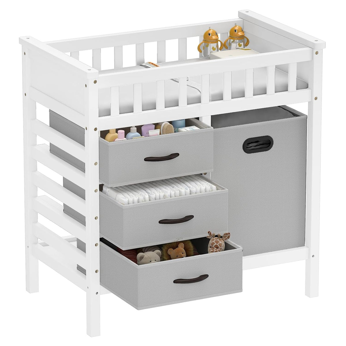 Wooden Baby Changing Table, Diaper Changing Station with 3 Storage Drawers, Laundry Hamper, Waterproof Changing Pad & Safety Belt, Modern Nursery Furniture for Daycare Bedroom (Beige)