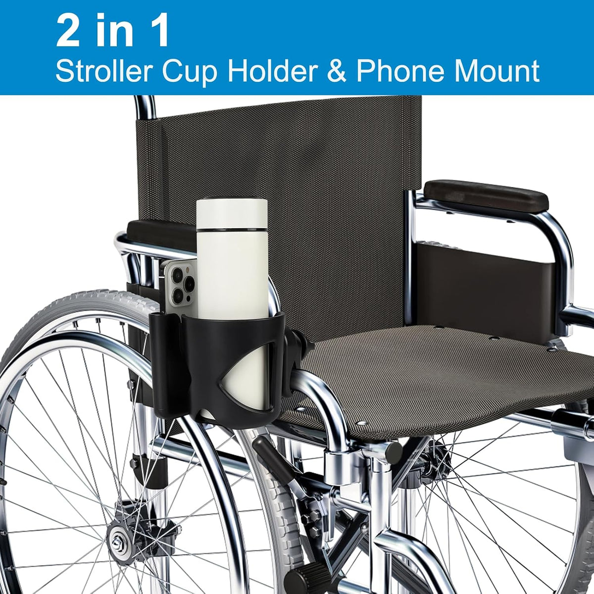 Universal Walker Cup Holder with Phone Holder, Wheelchair Cup Holder, 360° Rotatable Bottle Holder for Wheelchair, Walker, Scooter