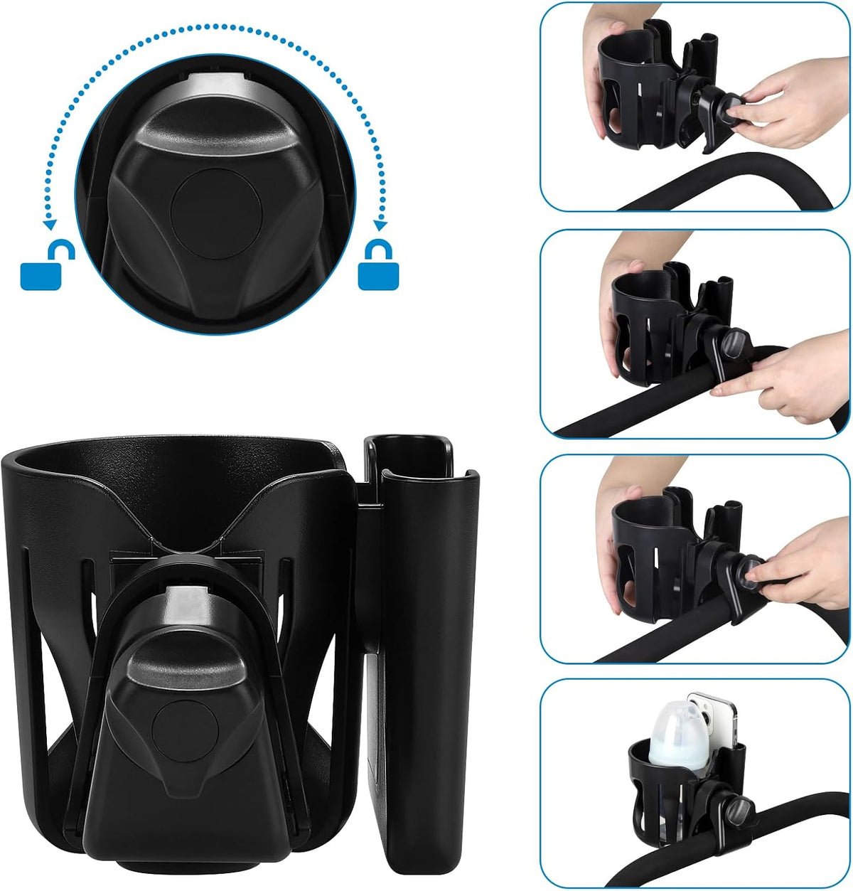 Universal Walker Cup Holder with Phone Holder, Wheelchair Cup Holder, 360° Rotatable Bottle Holder for Wheelchair, Walker, Scooter