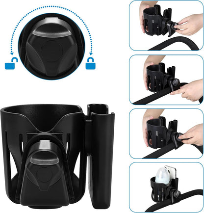Universal Walker Cup Holder with Phone Holder, Wheelchair Cup Holder, 360° Rotatable Bottle Holder for Wheelchair, Walker, Scooter