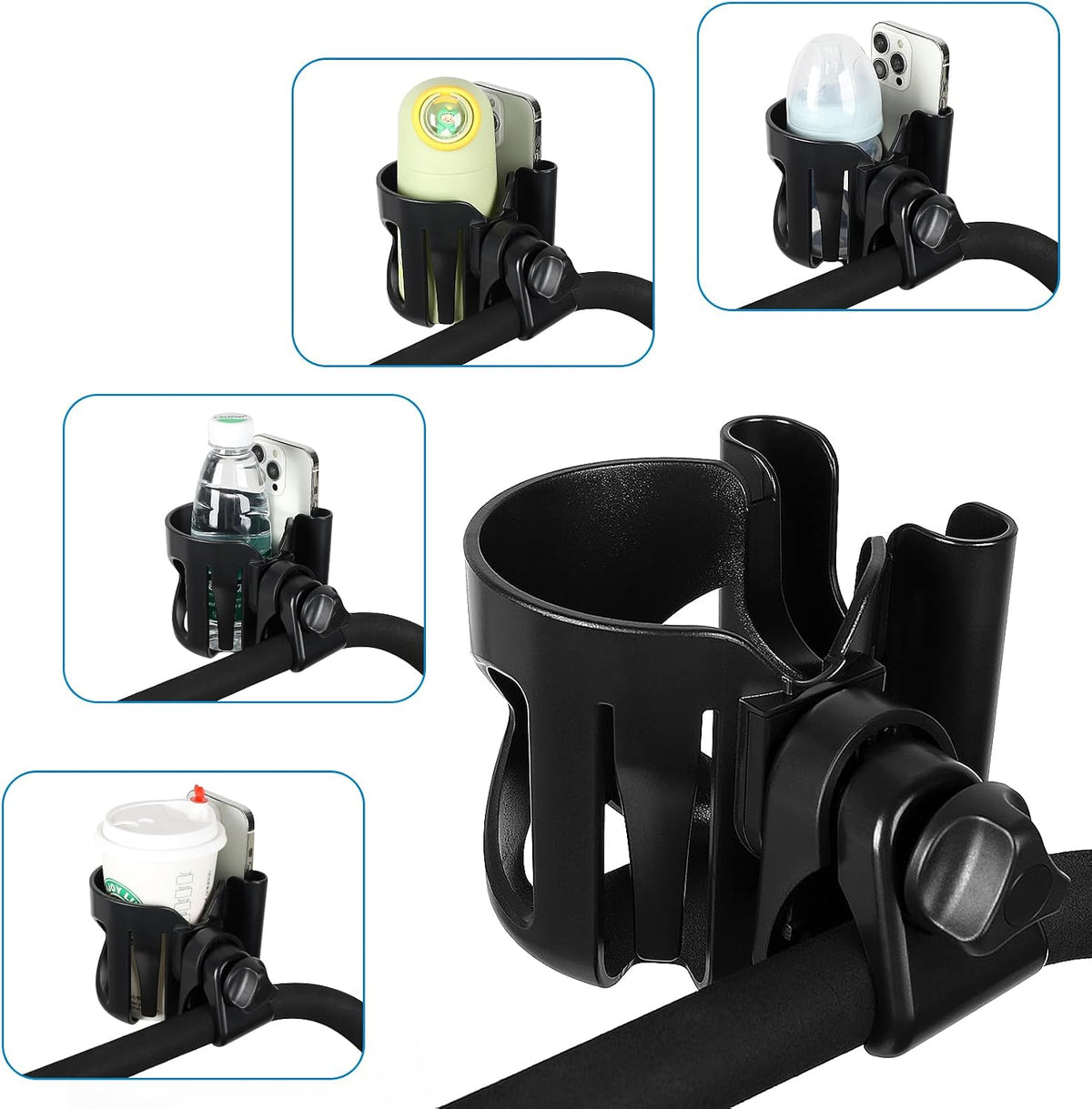 Universal Walker Cup Holder with Phone Holder, Wheelchair Cup Holder, 360° Rotatable Bottle Holder for Wheelchair, Walker, Scooter