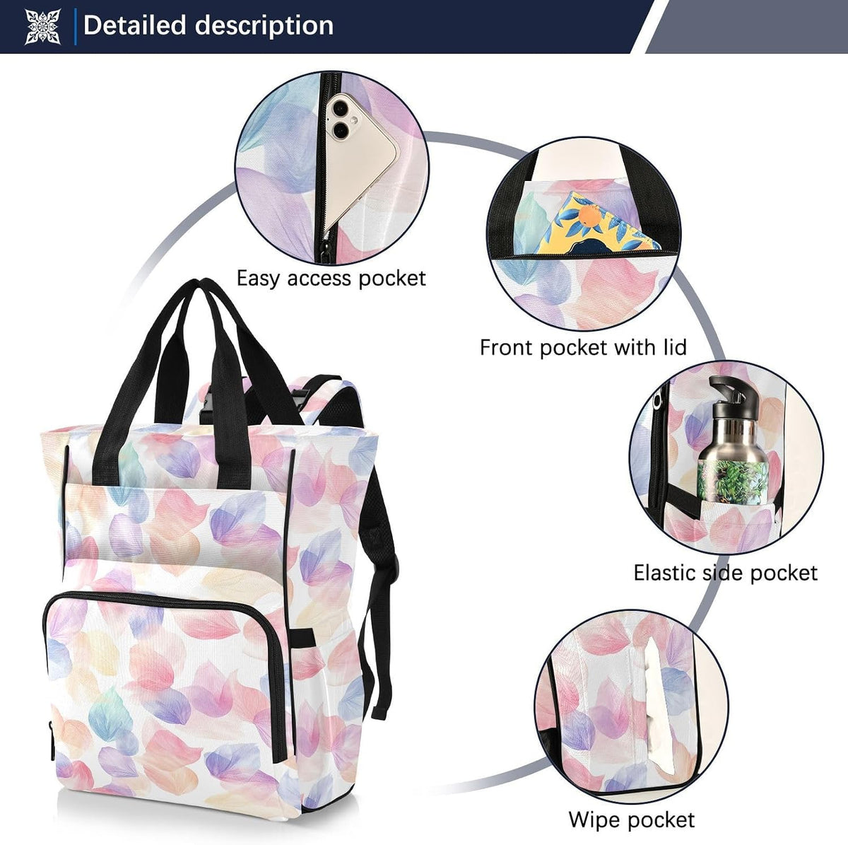 Diaper Bag Backpack, Multifunction Travel Bag for Moms Dads, Baby Changing Bag with Insulted Pockets, Stroller Straps and Side Bottle Pockets Watercolor Petal Pattern