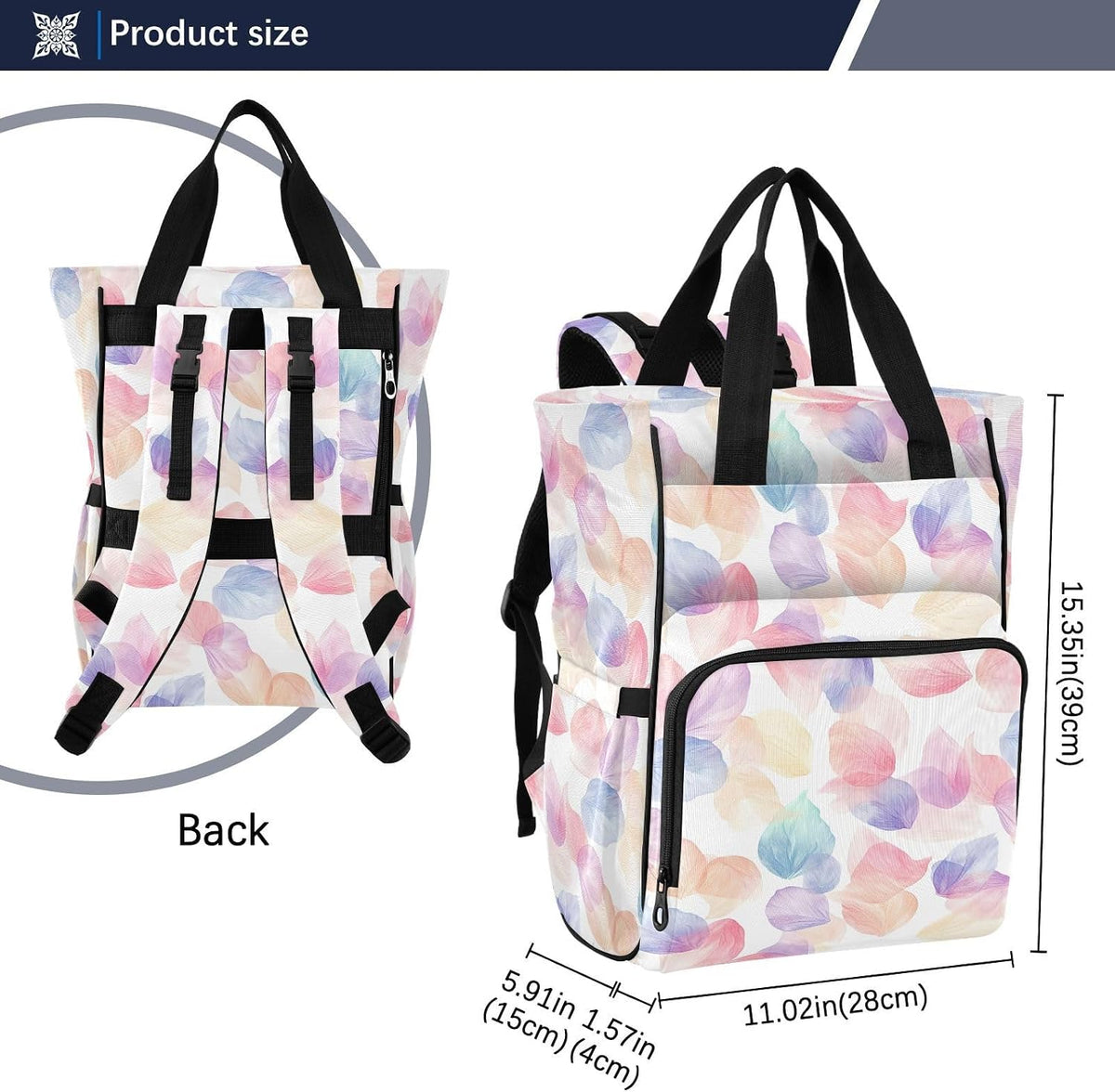 Diaper Bag Backpack, Multifunction Travel Bag for Moms Dads, Baby Changing Bag with Insulted Pockets, Stroller Straps and Side Bottle Pockets Watercolor Petal Pattern