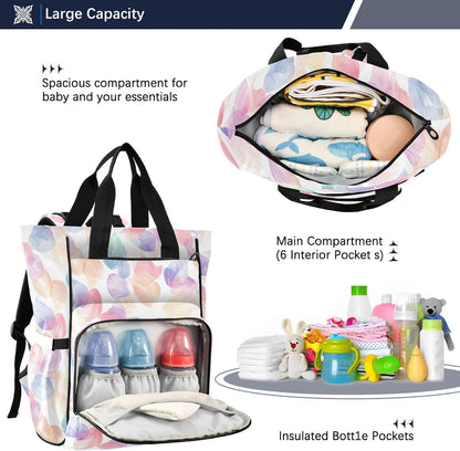 Diaper Bag Backpack, Multifunction Travel Bag for Moms Dads, Baby Changing Bag with Insulted Pockets, Stroller Straps and Side Bottle Pockets Watercolor Petal Pattern