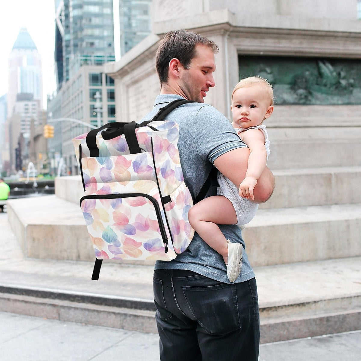 Diaper Bag Backpack, Multifunction Travel Bag for Moms Dads, Baby Changing Bag with Insulted Pockets, Stroller Straps and Side Bottle Pockets Watercolor Petal Pattern