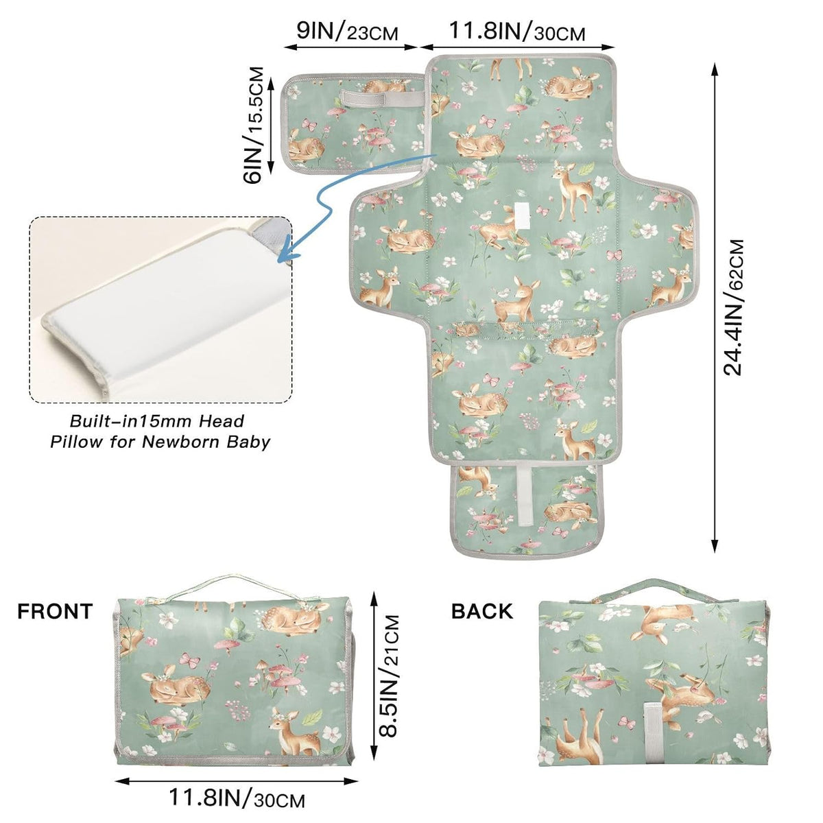 Woodland Deer Portable Diaper Changing Pad with Wipes Holder