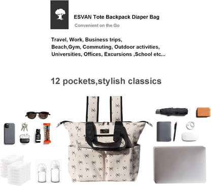Diaper Tote Bag Totepack Backpack 2 in 1 for Women Multifunctional Large Capacity with Insulated Pockets Travel