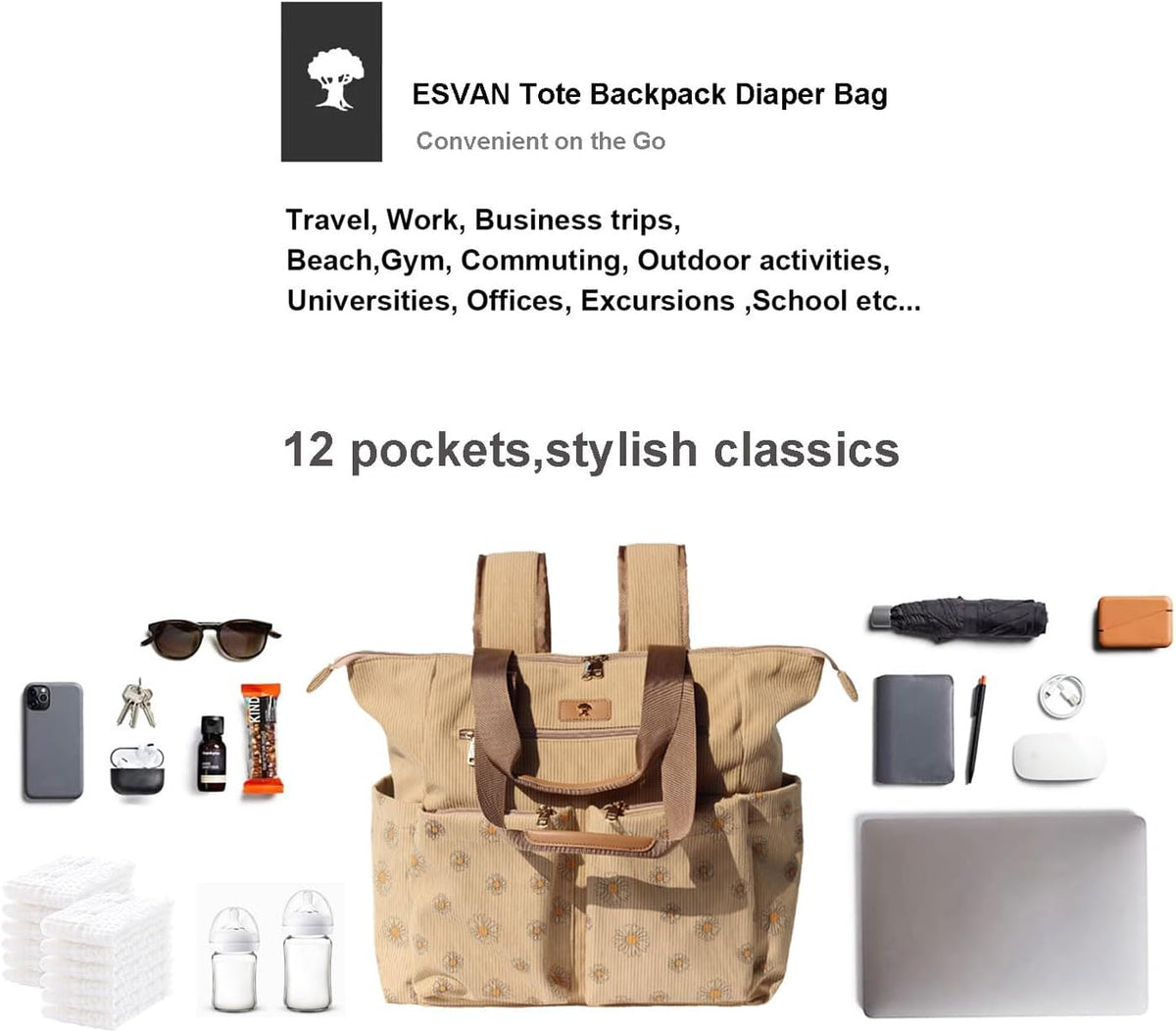 Diaper Tote Bag Totepack Backpack 2 in 1 for Women Multifunctional Large Capacity with Insulated Pockets Travel