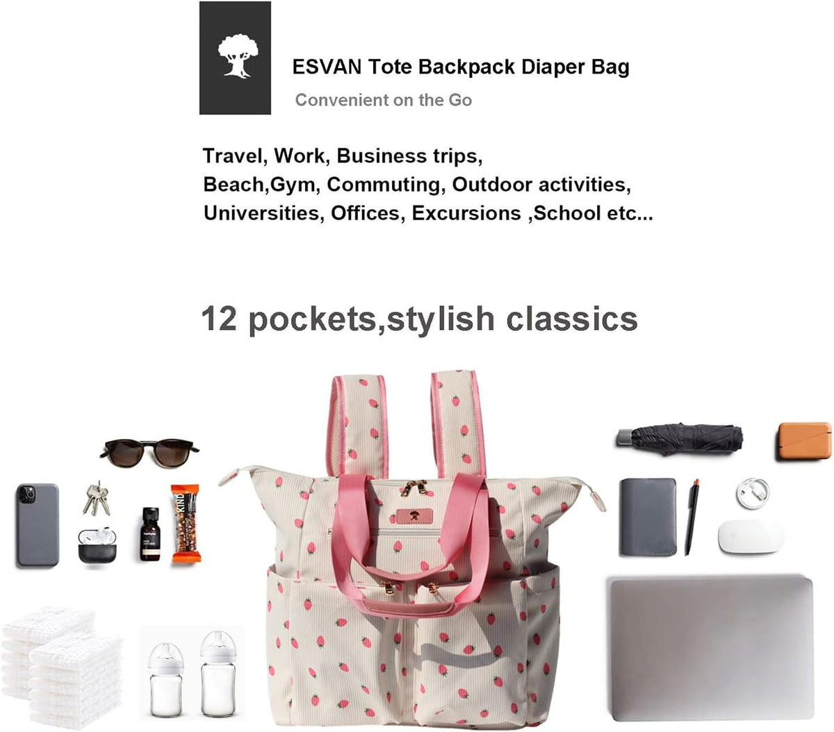 Diaper Tote Bag Totepack Backpack 2 in 1 for Women Multifunctional Large Capacity with Insulated Pockets Travel