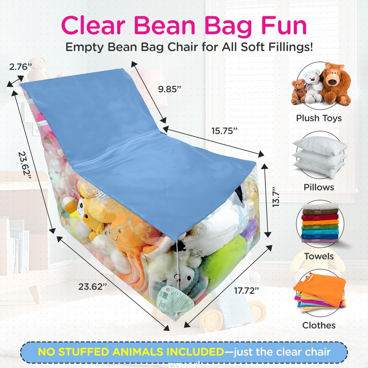 Clear Stuffed Animal Storage Chair for Kids – Plush Toy Organizer Seat, Transparent Stuffed Animal Storage for Bedroom & Playroom, Holds Plush Toys - Pink