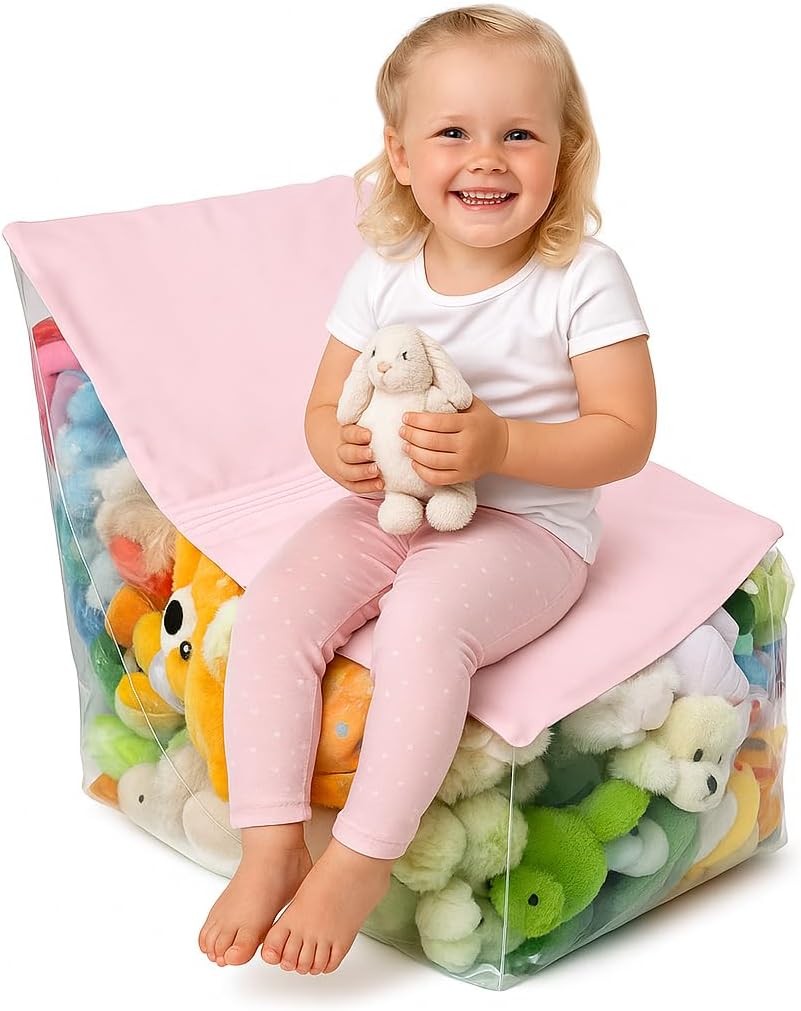 Clear Stuffed Animal Storage Chair for Kids – Plush Toy Organizer Seat, Transparent Stuffed Animal Storage for Bedroom & Playroom, Holds Plush Toys - Pink