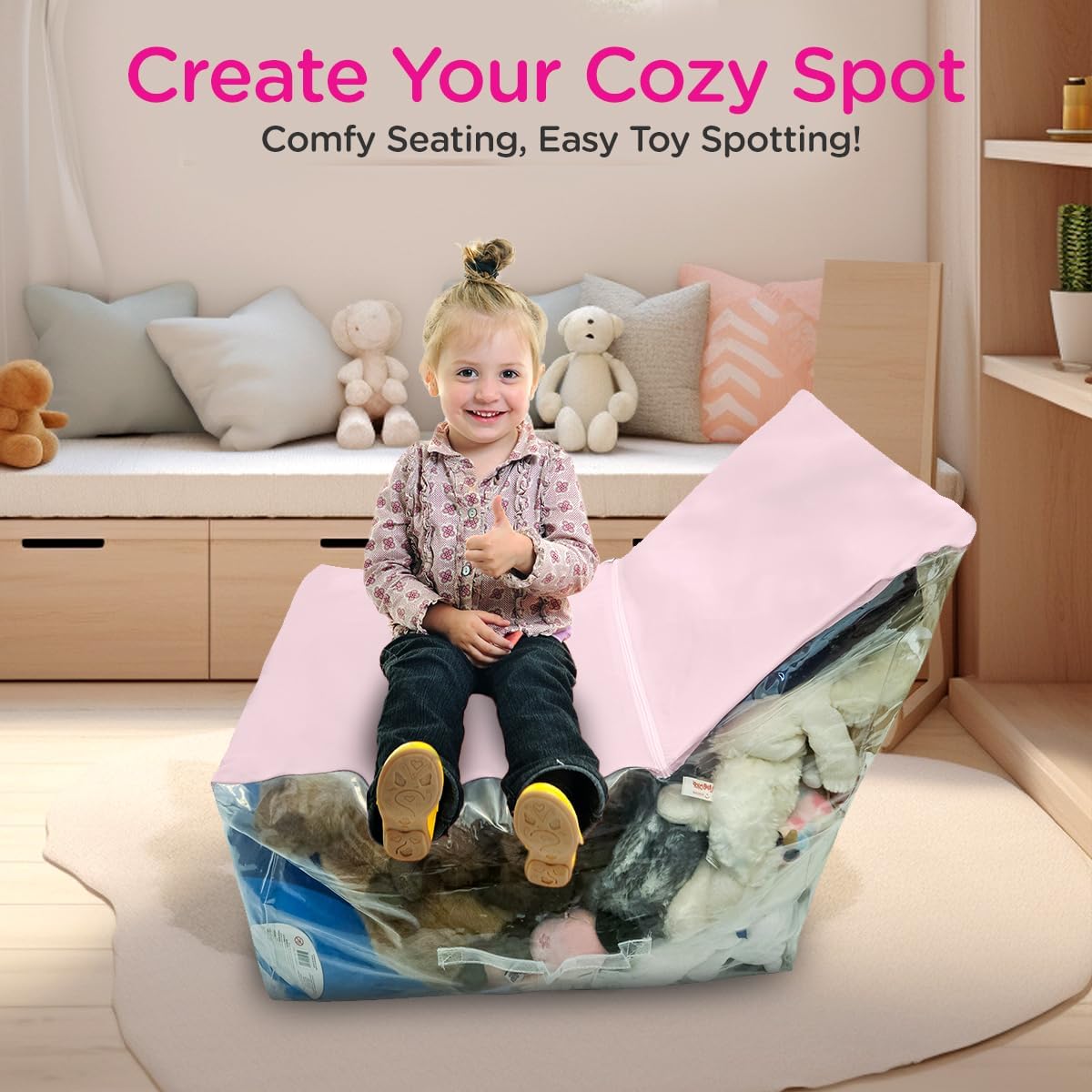 Clear Stuffed Animal Storage Chair for Kids – Plush Toy Organizer Seat, Transparent Stuffed Animal Storage for Bedroom & Playroom, Holds Plush Toys - Pink