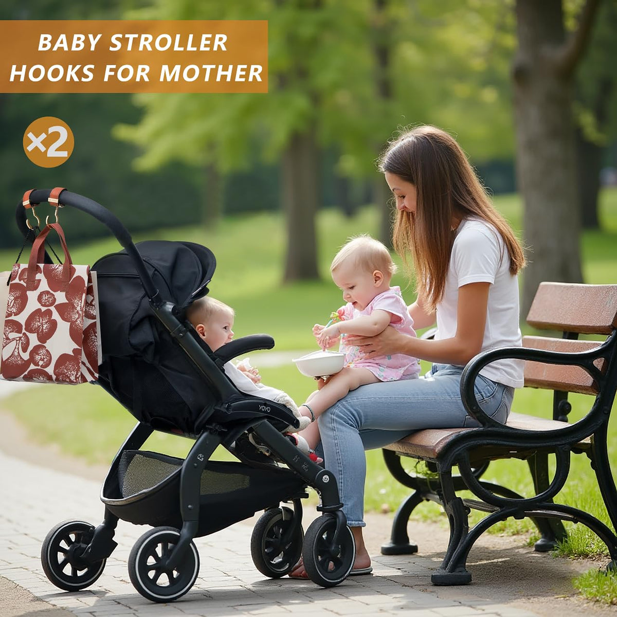 2 Pack Stroller Hooks,Strong Synthetic Leather Hook-and-Loop Fastener&High-Quality Metal Hooks,Universal Bag Clip|360° Rotation, 66lb Capacity,Non-Slip-Fits Wheelchair(Pink-Rose Gold)