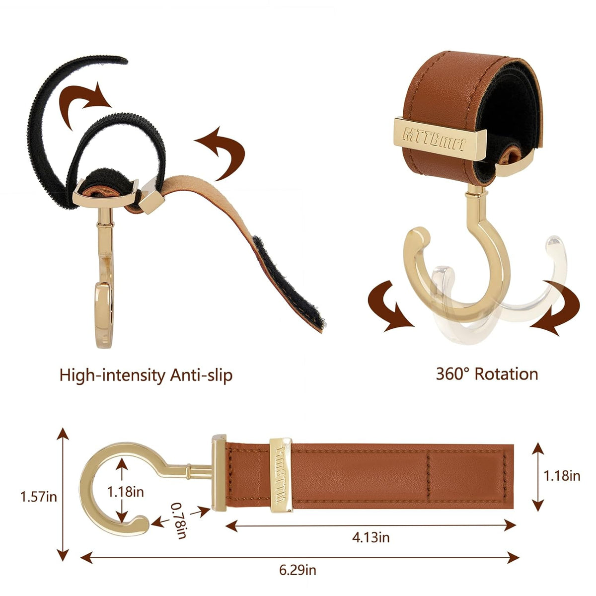 2 Pack Stroller Hooks,Strong Synthetic Leather Hook-and-Loop Fastener&High-Quality Metal Hooks,Universal Bag Clip|360° Rotation, 66lb Capacity,Non-Slip-Fits Wheelchair(Pink-Rose Gold)
