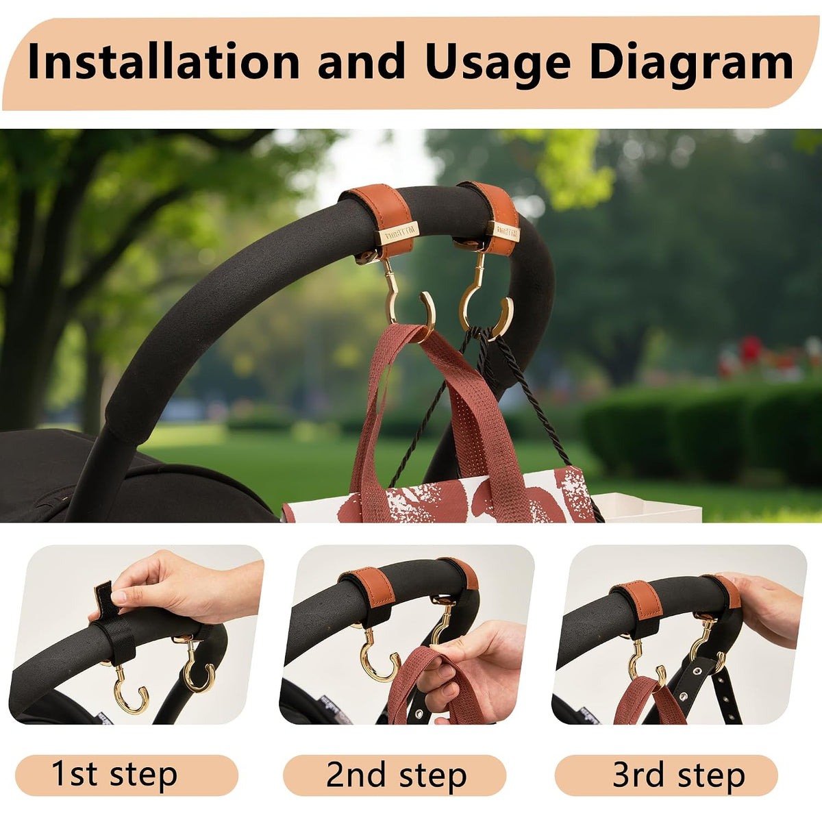 2 Pack Stroller Hooks,Strong Synthetic Leather Hook-and-Loop Fastener&High-Quality Metal Hooks,Universal Bag Clip|360° Rotation, 66lb Capacity,Non-Slip-Fits Wheelchair(Pink-Rose Gold)