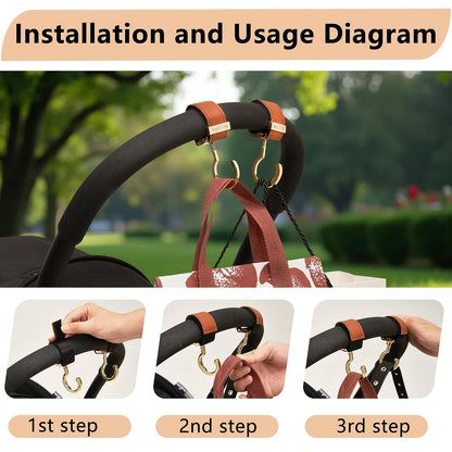 2 Pack Stroller Hooks,Strong Synthetic Leather Hook-and-Loop Fastener&High-Quality Metal Hooks,Universal Bag Clip|360° Rotation, 66lb Capacity,Non-Slip-Fits Wheelchair(Pink-Rose Gold)