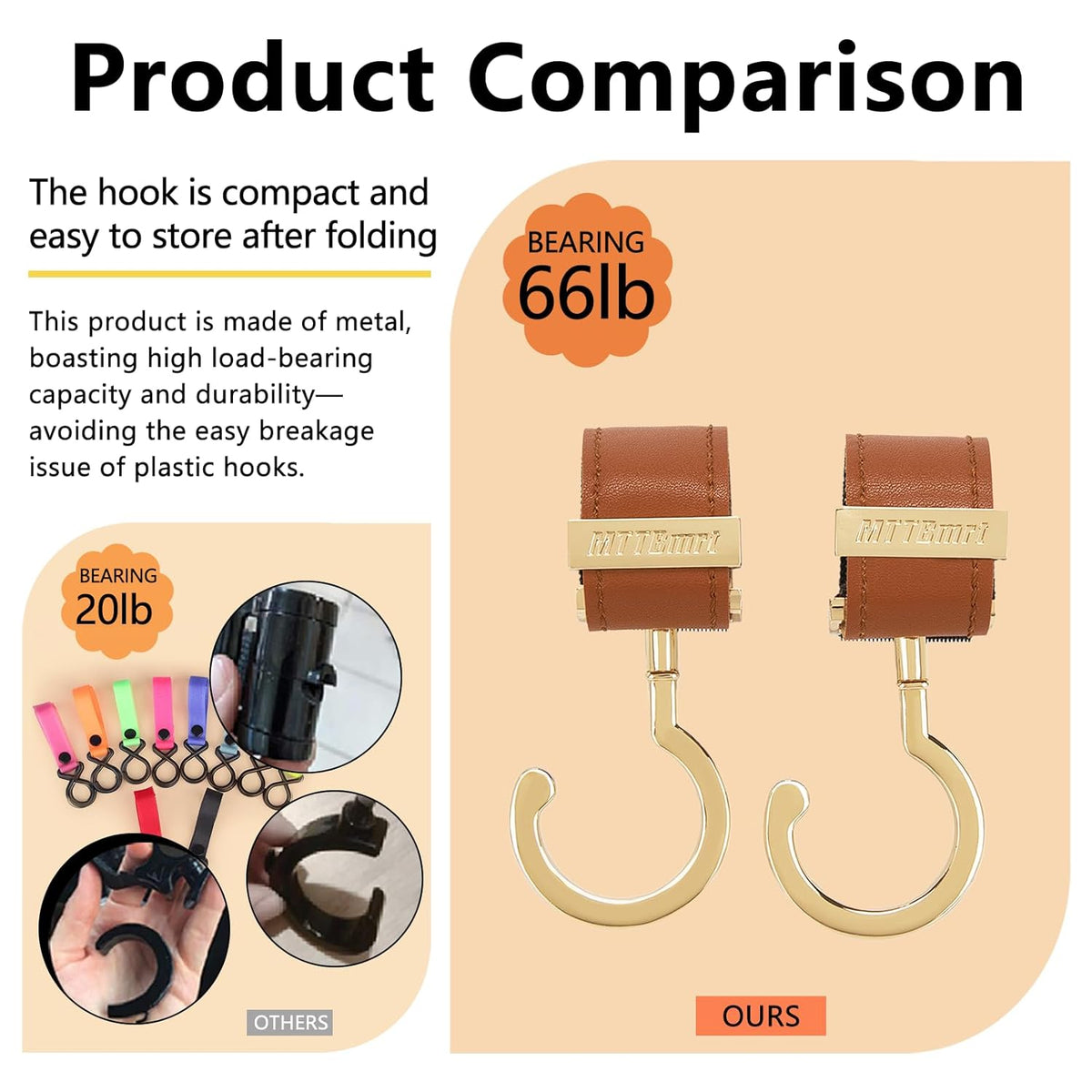 2 Pack Stroller Hooks,Strong Synthetic Leather Hook-and-Loop Fastener&High-Quality Metal Hooks,Universal Bag Clip|360° Rotation, 66lb Capacity,Non-Slip-Fits Wheelchair(Pink-Rose Gold)