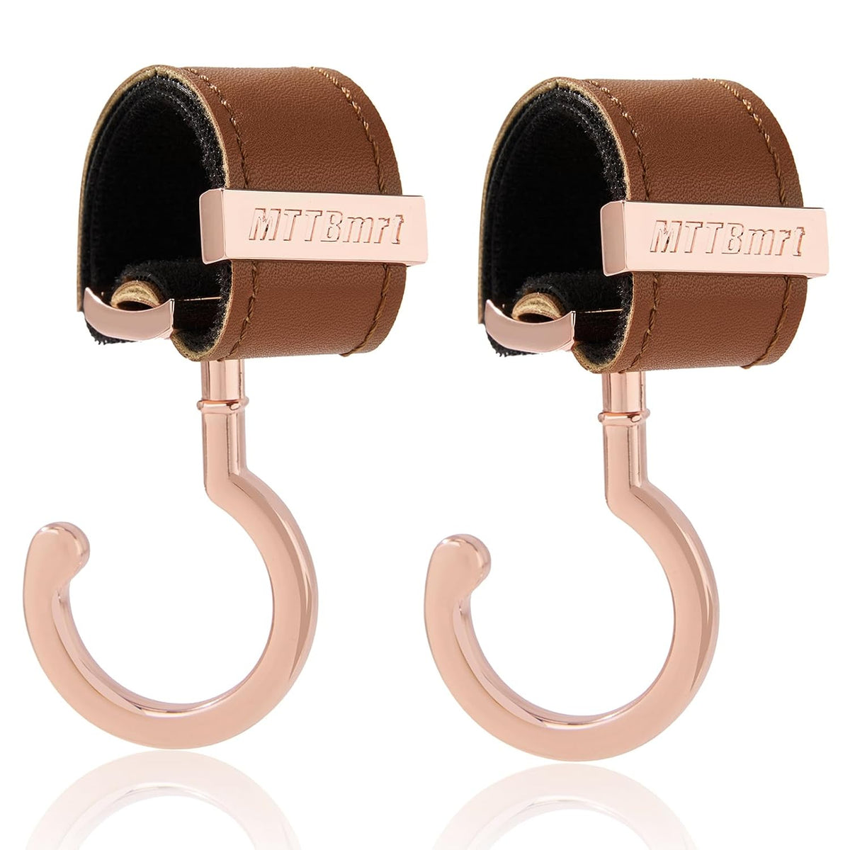 2 Pack Stroller Hooks,Strong Synthetic Leather Hook-and-Loop Fastener&High-Quality Metal Hooks,Universal Bag Clip|360° Rotation, 66lb Capacity,Non-Slip-Fits Wheelchair(Pink-Rose Gold)