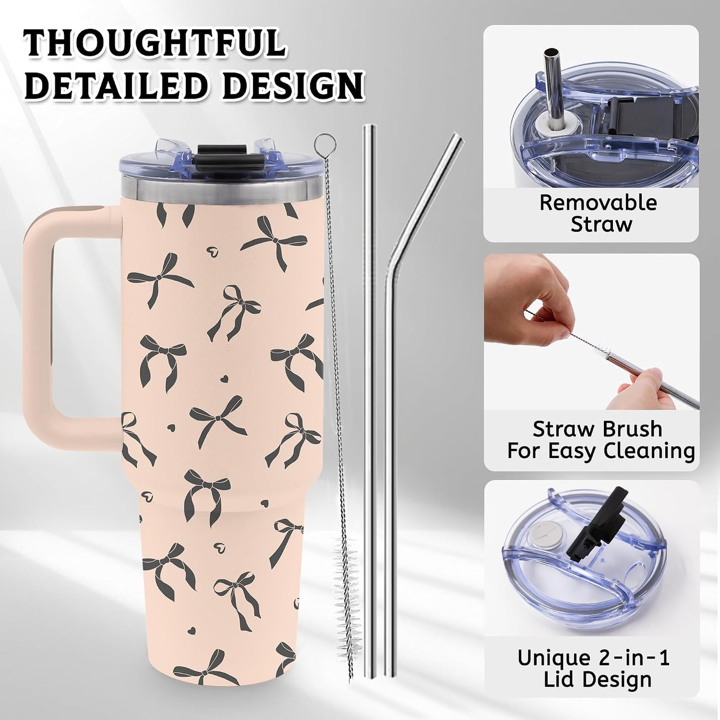 40oz Bows Tumbler Gifts for Women, Bows Water Bottle with Handle & Straw