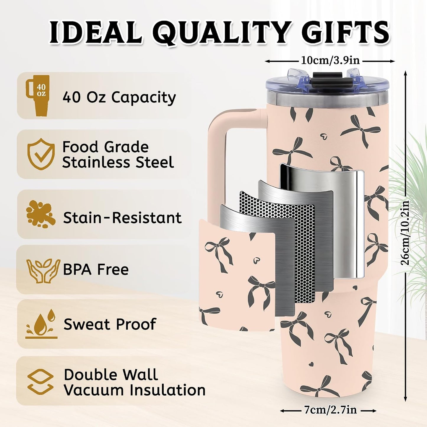 40oz Bows Tumbler Gifts for Women, Bows Water Bottle with Handle & Straw