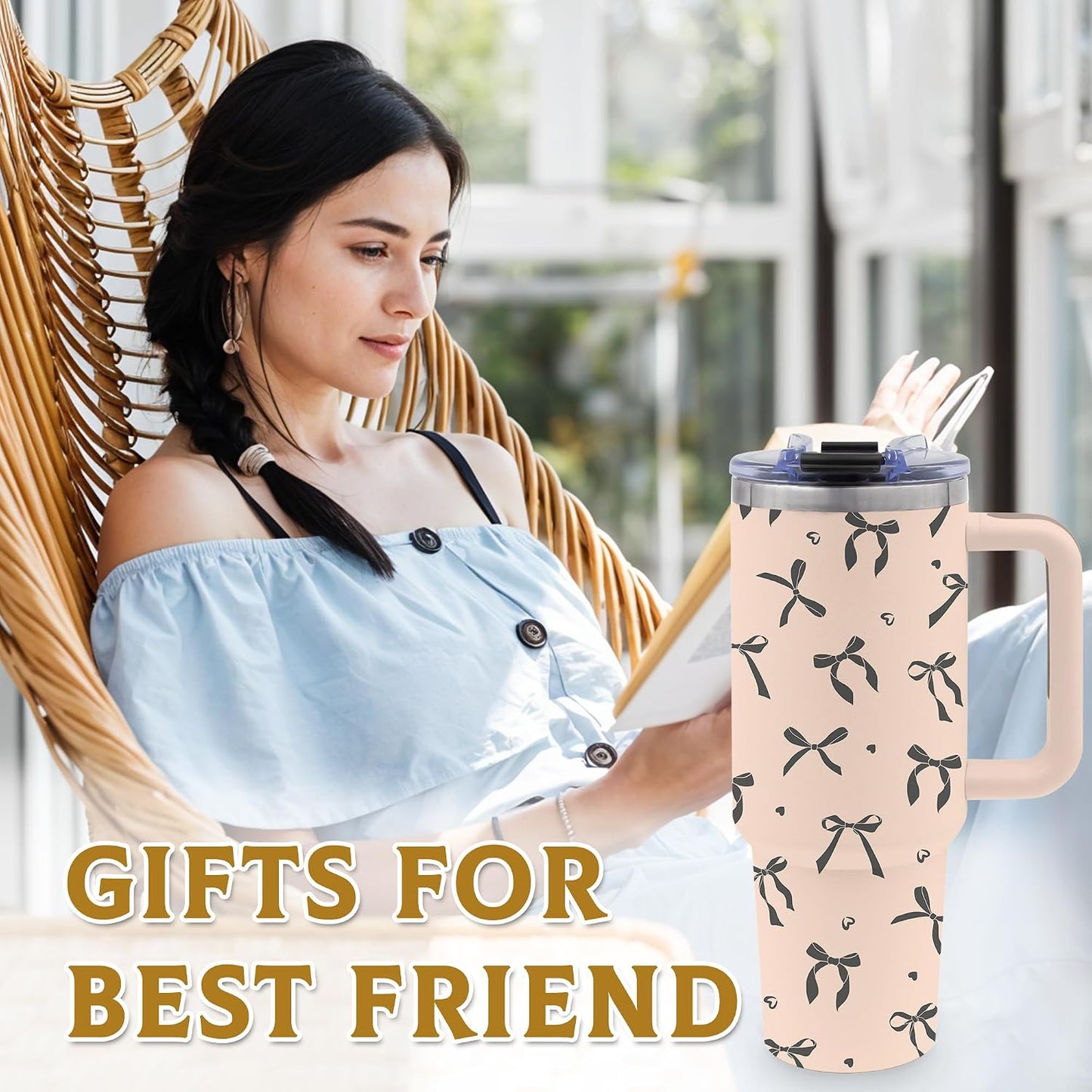 40oz Bows Tumbler Gifts for Women, Bows Water Bottle with Handle & Straw