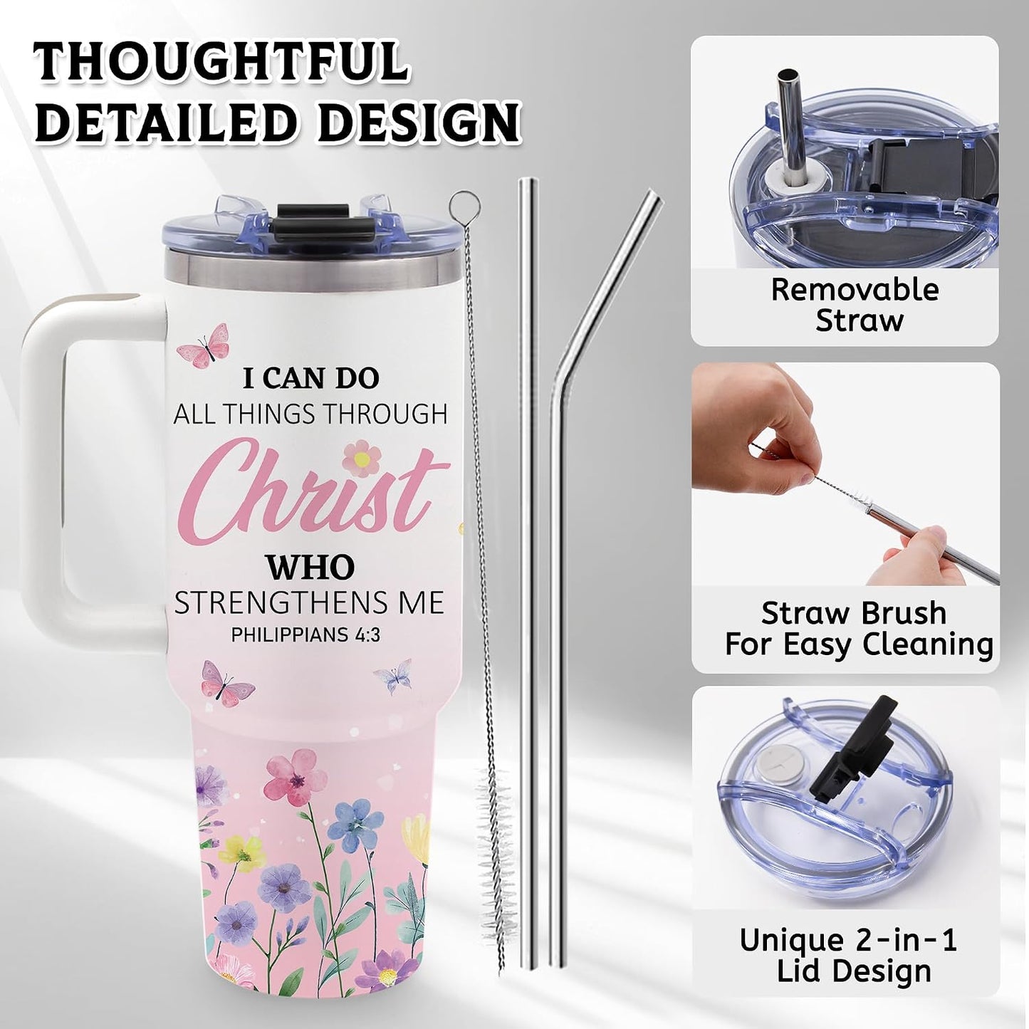 40oz Bows Tumbler Gifts for Women, Bows Water Bottle with Handle & Straw
