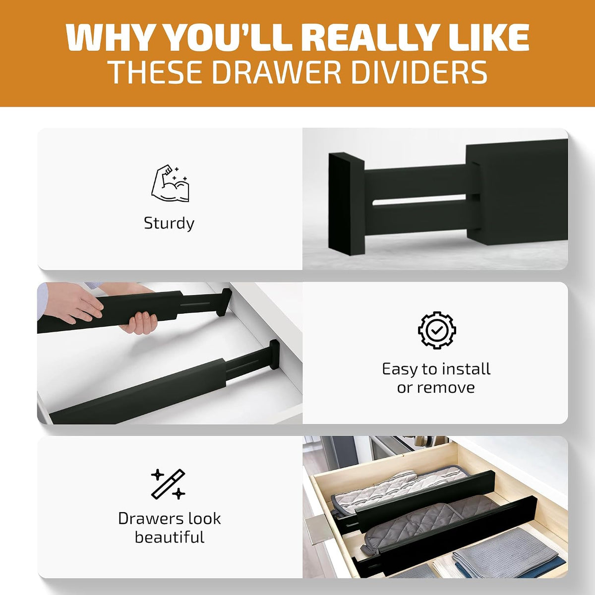4-Pack Drawer Dividers 2.6-Inch High Dresser Drawer Organizer 16 to 22 Inch
