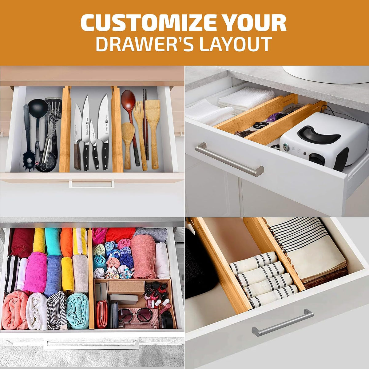 4-Pack Drawer Dividers 2.6-Inch High Dresser Drawer Organizer 16 to 22 Inch