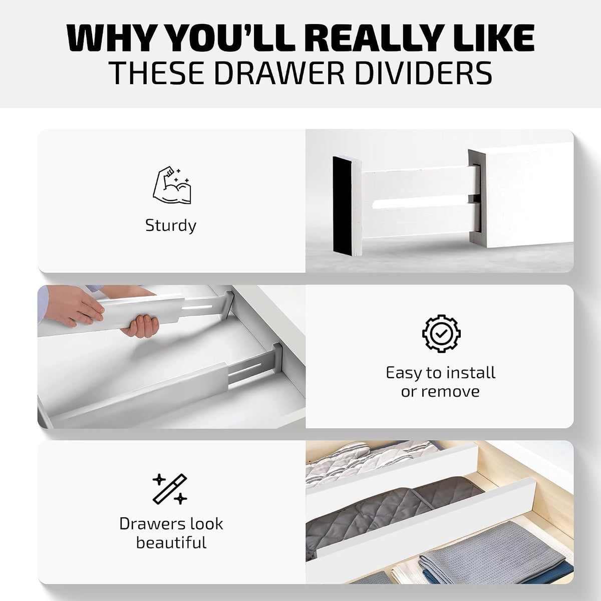 4-Pack Drawer Dividers 2.6-Inch High Dresser Drawer Organizer 16 to 22 Inch