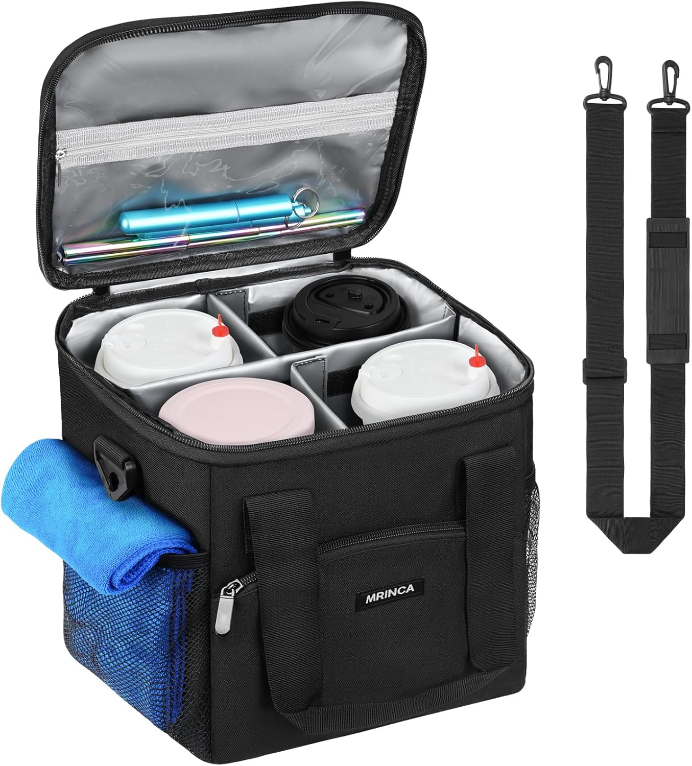 Reusable 4 Cup Insulated Drink Carrier with Handle, Black | Collapsible beverage bag, no-spill base, adjustable divider, luggage strap, mesh side pockets, for delivery, car, travel