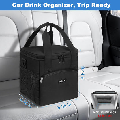 Reusable 4 Cup Insulated Drink Carrier with Handle, Black | Collapsible beverage bag, no-spill base, adjustable divider, luggage strap, mesh side pockets, for delivery, car, travel