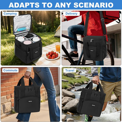 Reusable 4 Cup Insulated Drink Carrier with Handle, Black | Collapsible beverage bag, no-spill base, adjustable divider, luggage strap, mesh side pockets, for delivery, car, travel