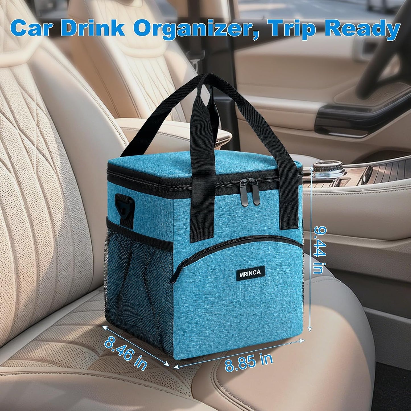 Reusable 4 Cup Insulated Drink Carrier with Handle, Black | Collapsible beverage bag, no-spill base, adjustable divider, luggage strap, mesh side pockets, for delivery, car, travel