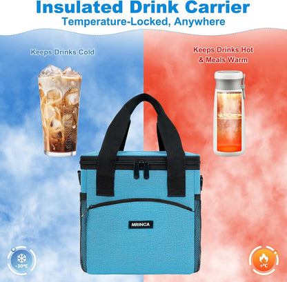 Reusable 4 Cup Insulated Drink Carrier with Handle, Black | Collapsible beverage bag, no-spill base, adjustable divider, luggage strap, mesh side pockets, for delivery, car, travel