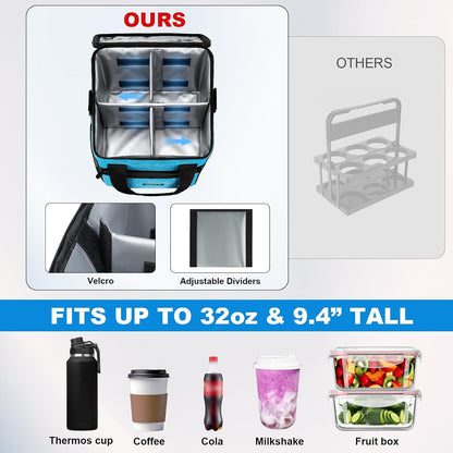 Reusable 4 Cup Insulated Drink Carrier with Handle, Black | Collapsible beverage bag, no-spill base, adjustable divider, luggage strap, mesh side pockets, for delivery, car, travel