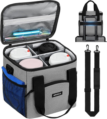 Reusable 4 Cup Insulated Drink Carrier with Handle, Black | Collapsible beverage bag, no-spill base, adjustable divider, luggage strap, mesh side pockets, for delivery, car, travel