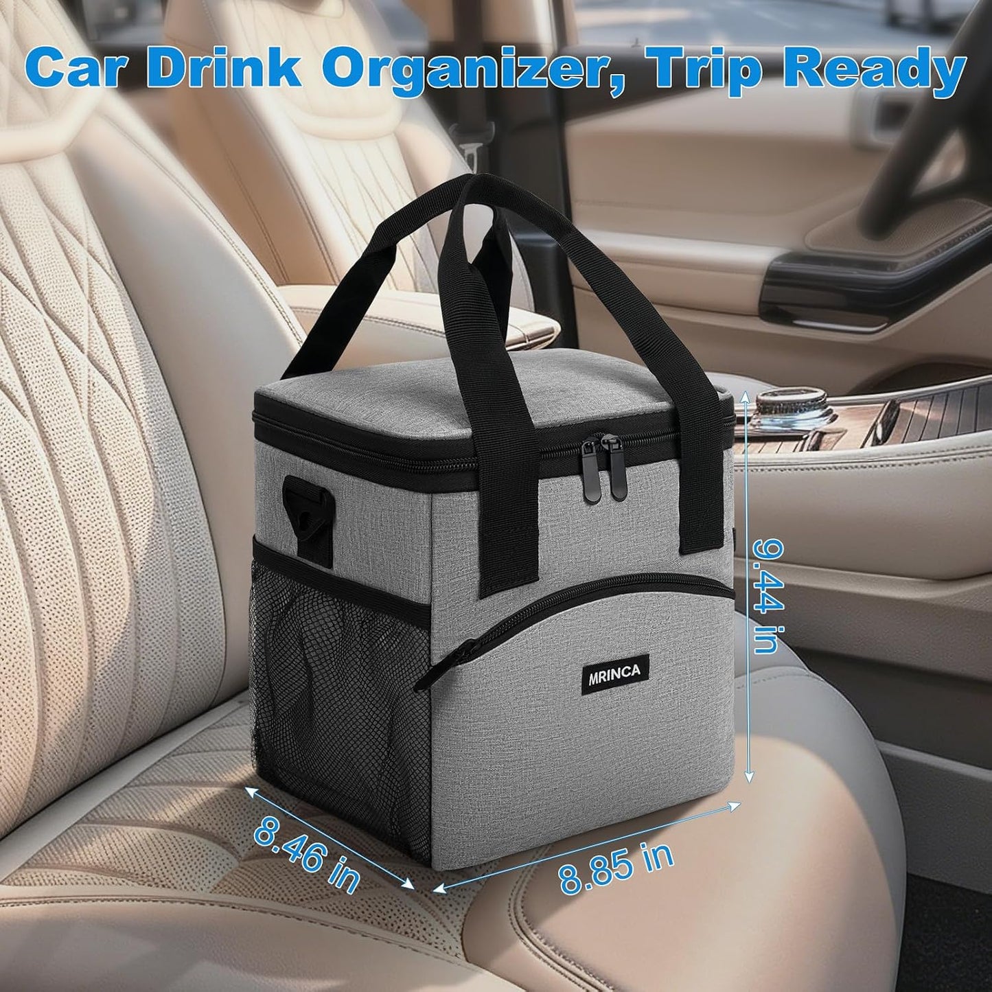 Reusable 4 Cup Insulated Drink Carrier with Handle, Black | Collapsible beverage bag, no-spill base, adjustable divider, luggage strap, mesh side pockets, for delivery, car, travel