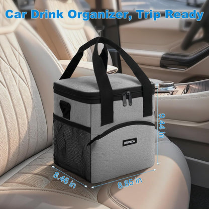 Reusable 4 Cup Insulated Drink Carrier with Handle, Black | Collapsible beverage bag, no-spill base, adjustable divider, luggage strap, mesh side pockets, for delivery, car, travel