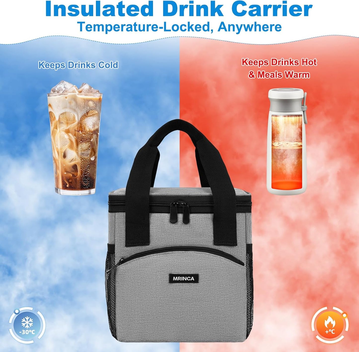 Reusable 4 Cup Insulated Drink Carrier with Handle, Black | Collapsible beverage bag, no-spill base, adjustable divider, luggage strap, mesh side pockets, for delivery, car, travel