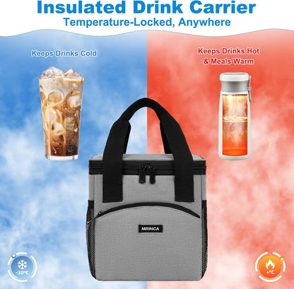 Reusable 4 Cup Insulated Drink Carrier with Handle, Black | Collapsible beverage bag, no-spill base, adjustable divider, luggage strap, mesh side pockets, for delivery, car, travel