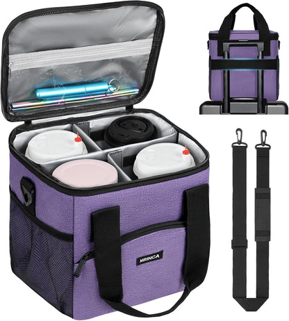 Reusable 4 Cup Insulated Drink Carrier with Handle, Black | Collapsible beverage bag, no-spill base, adjustable divider, luggage strap, mesh side pockets, for delivery, car, travel