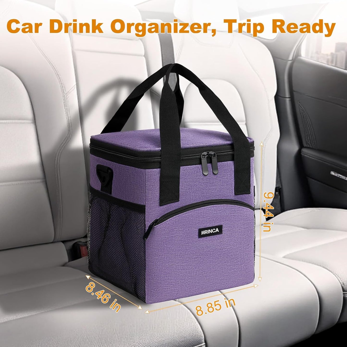 Reusable 4 Cup Insulated Drink Carrier with Handle, Black | Collapsible beverage bag, no-spill base, adjustable divider, luggage strap, mesh side pockets, for delivery, car, travel