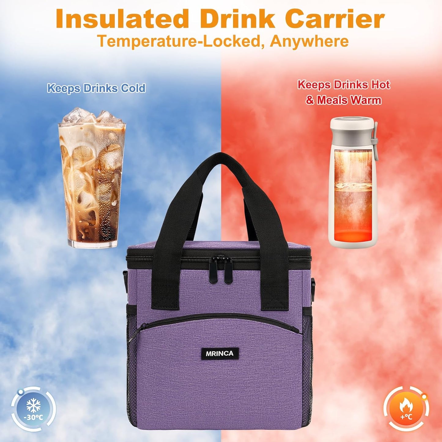 Reusable 4 Cup Insulated Drink Carrier with Handle, Black | Collapsible beverage bag, no-spill base, adjustable divider, luggage strap, mesh side pockets, for delivery, car, travel
