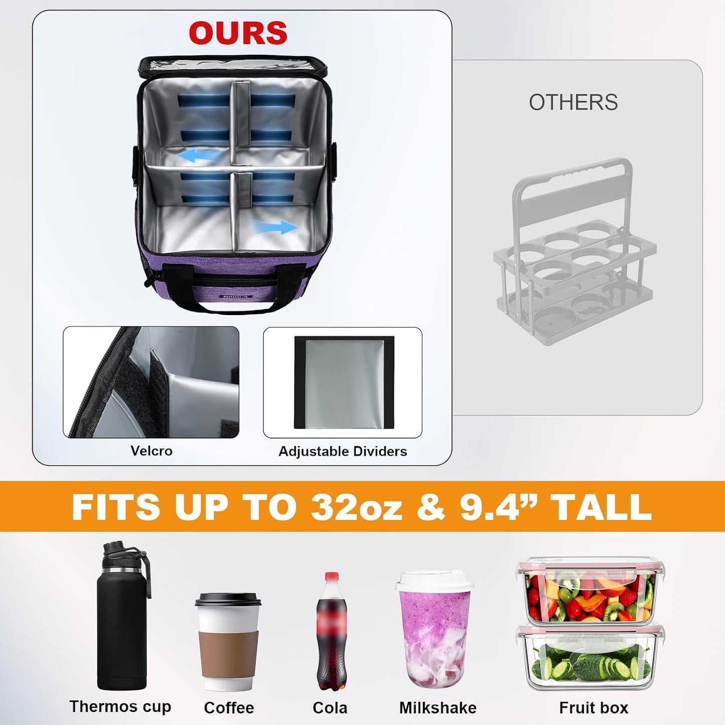 Reusable 4 Cup Insulated Drink Carrier with Handle, Black | Collapsible beverage bag, no-spill base, adjustable divider, luggage strap, mesh side pockets, for delivery, car, travel